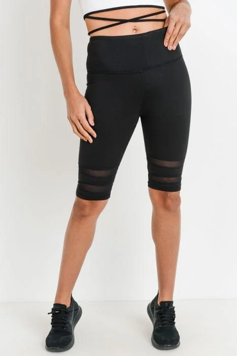 Highwaist Double Mesh Band Short Leggings Fashionable Solid Color Tights