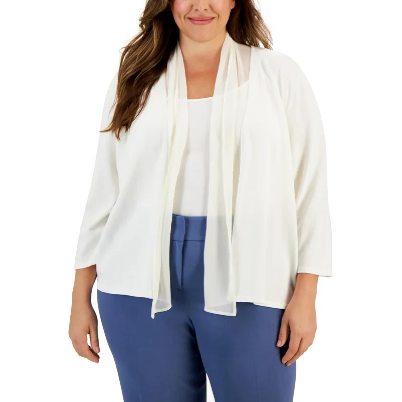 Kasper Womens Plus Chiffon Trim Open Front Cardigan Sweater Glossy Satin Silk