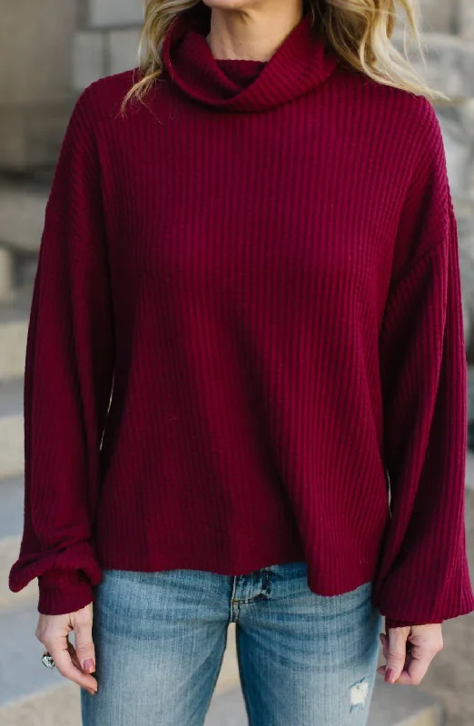 Klara Waffle Turtleneck Sweater In Garnet Terry Blend Velvet Blend Canvas Blend