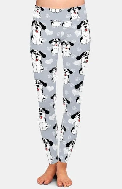 Ladies 3D Cartoon Dogs, Paw Prints & Hearts Leggings Stylish Stretch-Waist Leggings