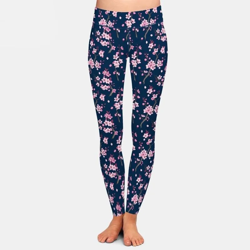 Ladies 3D Cherry Blossom Digital Printed Leggings Cozy Mid-Rise Workout Leggings