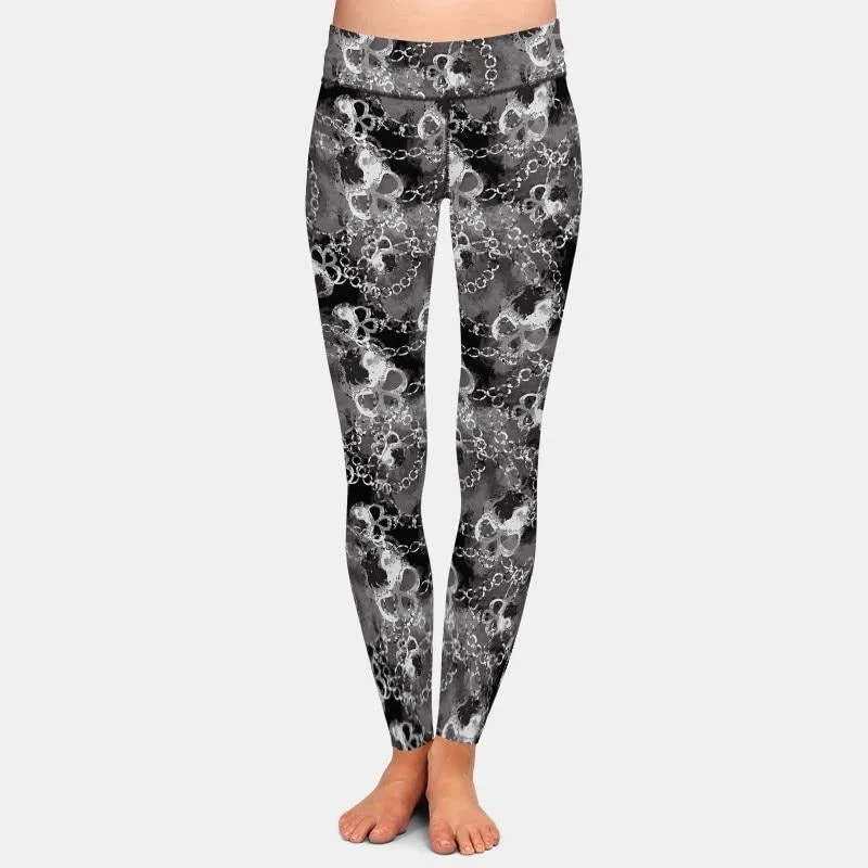 Ladies 3D Gothic Design Skulls & Silver Chains Printed Leggings Trendy Activewear Leggings Ladies 3D Gothic Design Skulls & Silver Chains Printed Leggings Trendy Activewear Leggings