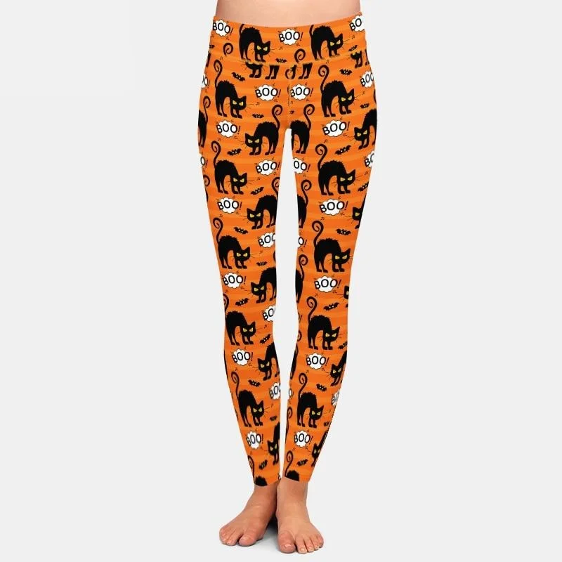 Ladies 3D Halloween Black Cats Printed Leggings Trendy Faux Suede Leggings