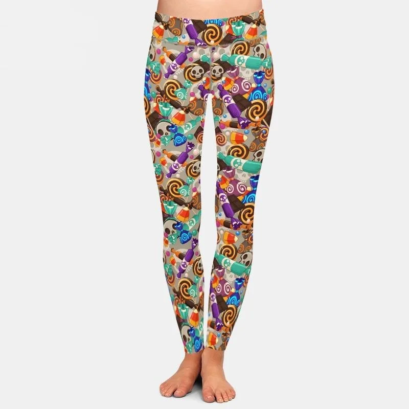 Ladies 3D Halloween Candies Printed Leggings Fashionable Floral Active Leggings