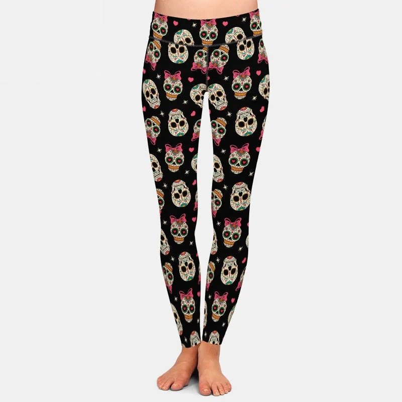 Ladies 3D Mexican Skulls Printed Leggings Cozy Full-Length Workout Leggings
