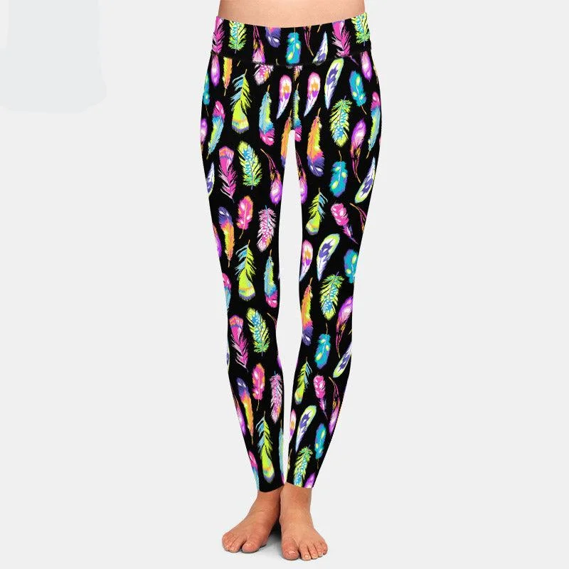 Ladies 3D Rainbow Feathers Printed Leggings Comfortable Bootcut Workout Leggings