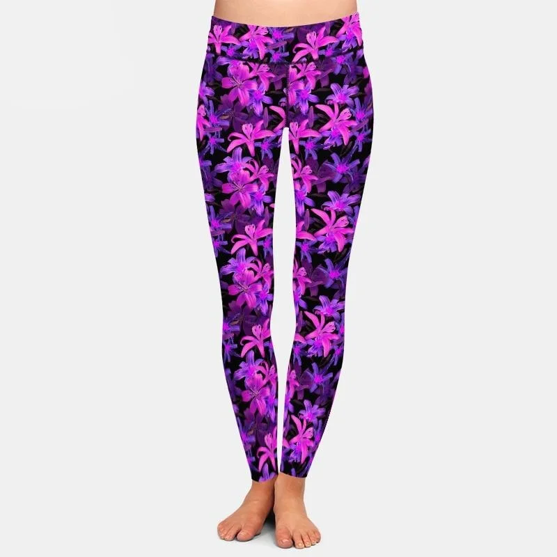 Ladies Beautiful Flowers - Purple Lilies Printed Leggings Trendy High-Compression Leggings Ladies Beautiful Flowers - Purple Lilies Printed Leggings Trendy High-Compression Leggings