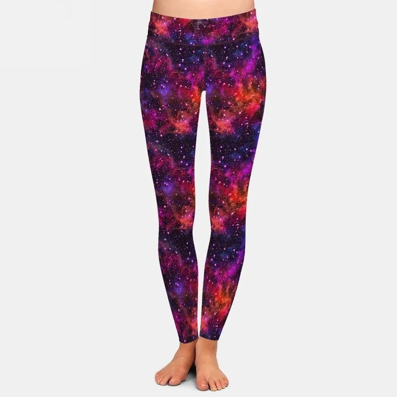Ladies Beautiful Red/Purple Galaxy Design Leggings Trendy Minimalist Leggings