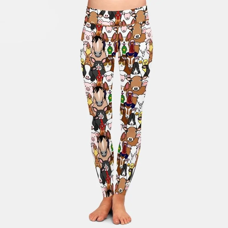 Ladies Cartoon Farm Animals Patterned Leggings Fashionable Stretchy Fit Leggings