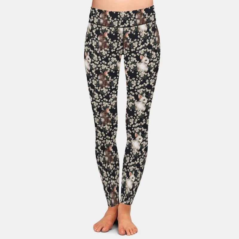 Ladies Cute Bunnies Printed Leggings Comfortable Zip-Up Leggings