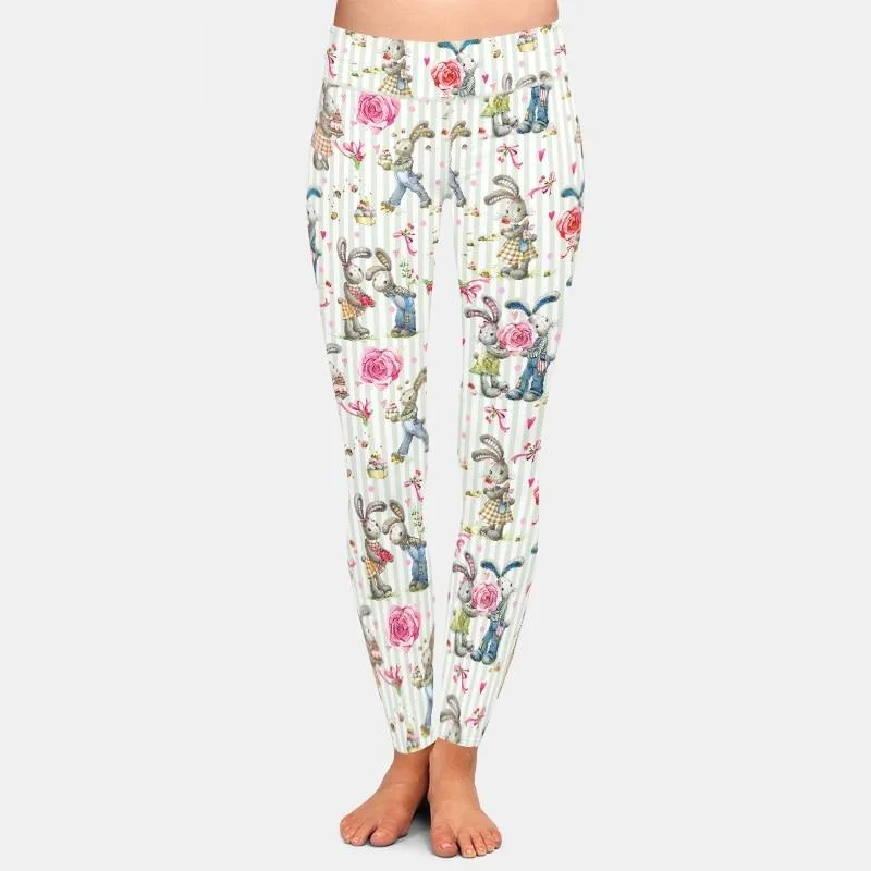 Ladies Cute Bunnies Printed Leggings Trendy Full-Length Leggings