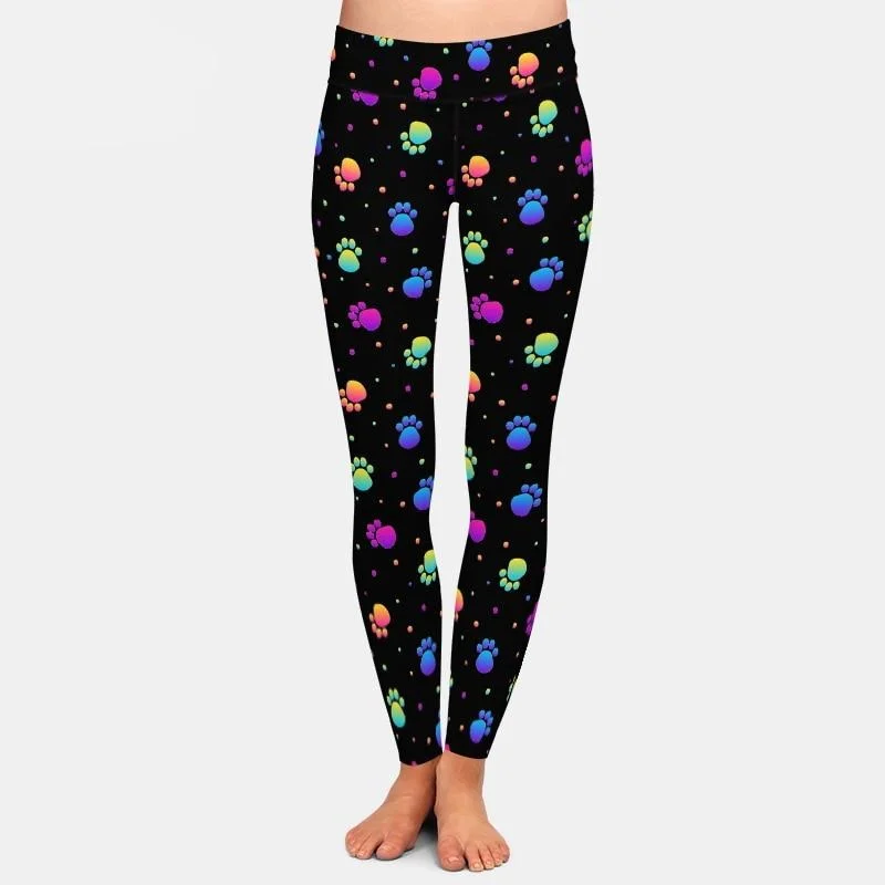 Ladies Cute Colourful Dog Paw Prints Patterned Leggings Stylish Sweatproof Leggings