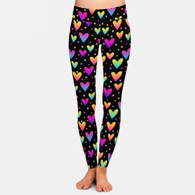 Ladies Fashion Coloured Hearts Printed Leggings Trendy Side-Pocket Leggings