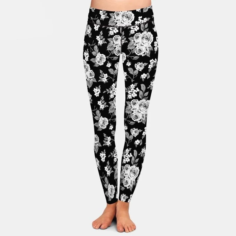 Ladies Gorgeous White Roses Printed Leggings Chic Velvet Soft Leggings