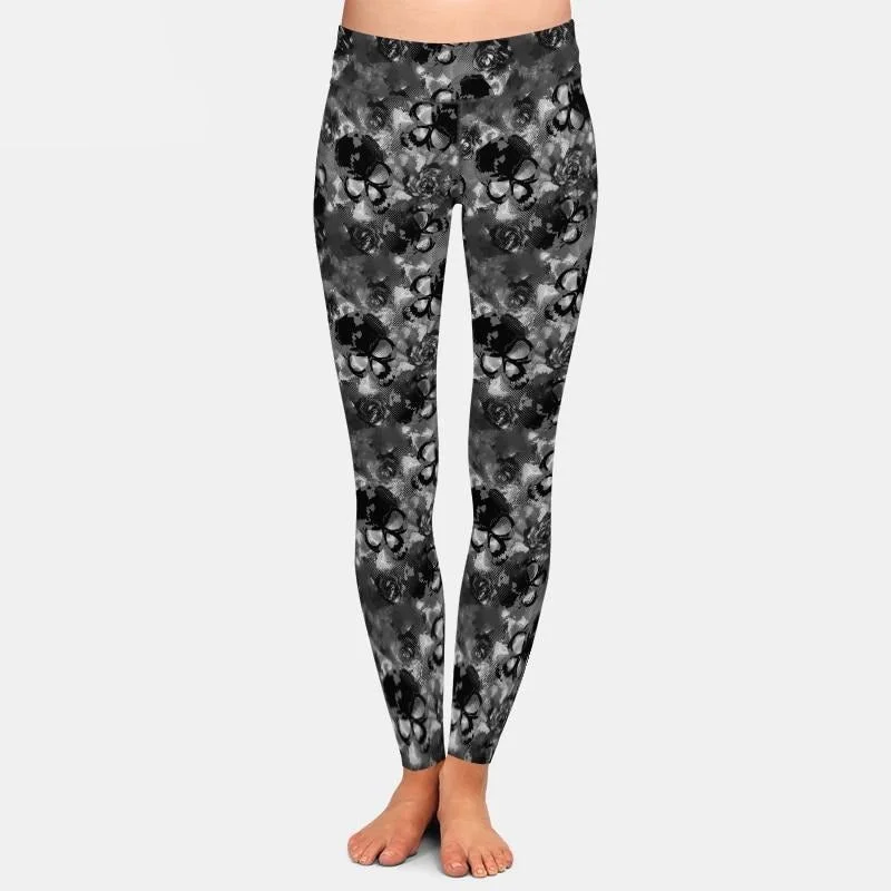 Ladies Grey Skull & Roses Patterned Leggings Cozy Warmth Leggings