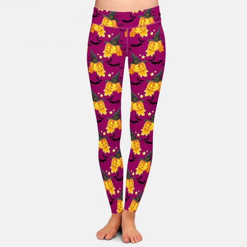 Ladies Halloween Pumpkin Head Witches & Bats Printed Leggings Comfortable Running Leggings Ladies Halloween Pumpkin Head Witches & Bats Printed Leggings Comfortable Running Leggings