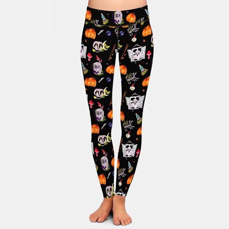 Ladies Halloween Tombstones, Pumpkins & Ghosts Printed Leggings Fashionable Sports Leggings Ladies Halloween Tombstones, Pumpkins & Ghosts Printed Leggings Fashionable Sports Leggings