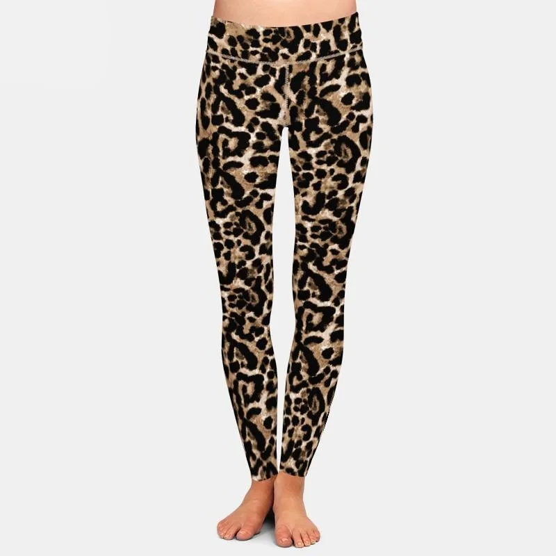 Ladies Leopard Grain Printed Leggings Elegant Shiny Black Leggings