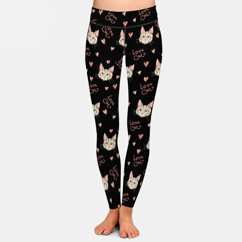 Ladies Love Cats Printed Leggings Fashionable Solid Color Tights