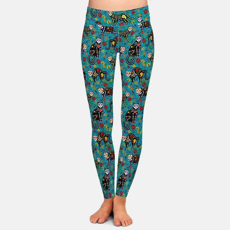 Ladies Sexy Skull Black Cats Printed Leggings Fashionable Leather-Look Leggings