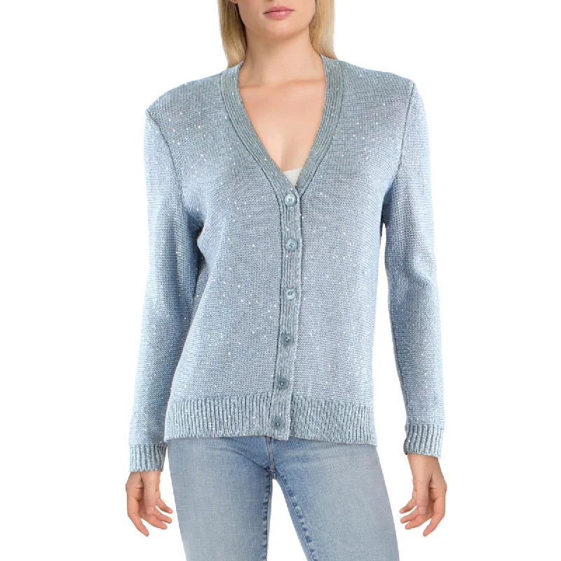 Lauren Ralph Lauren Womens Linen Blend Shimmer Cardigan Sweater Terry Terry Cloth Terry Knit