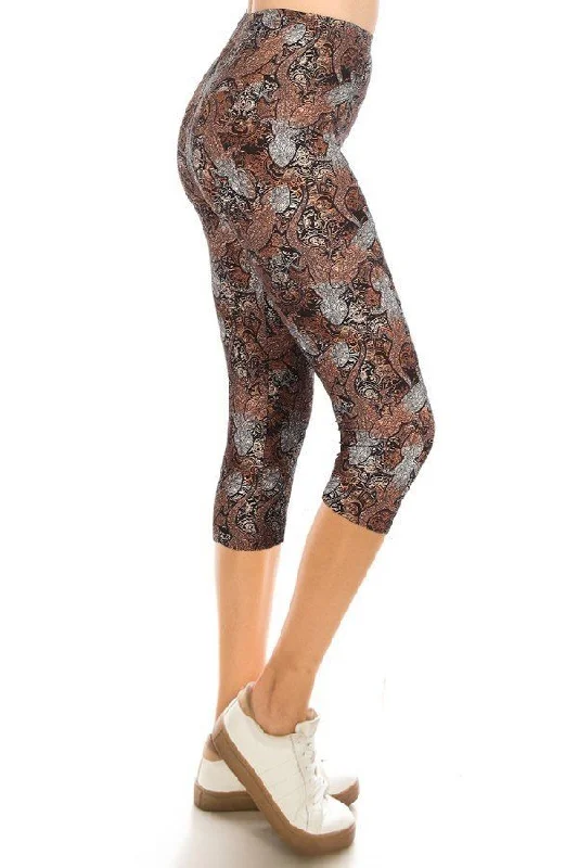 Printed, High Waisted, Capri Leggings With An Elasticized Waist Band Elegant Satin Finish Leggings Printed, High Waisted, Capri Leggings With An Elasticized Waist Band Elegant Satin Finish Leggings