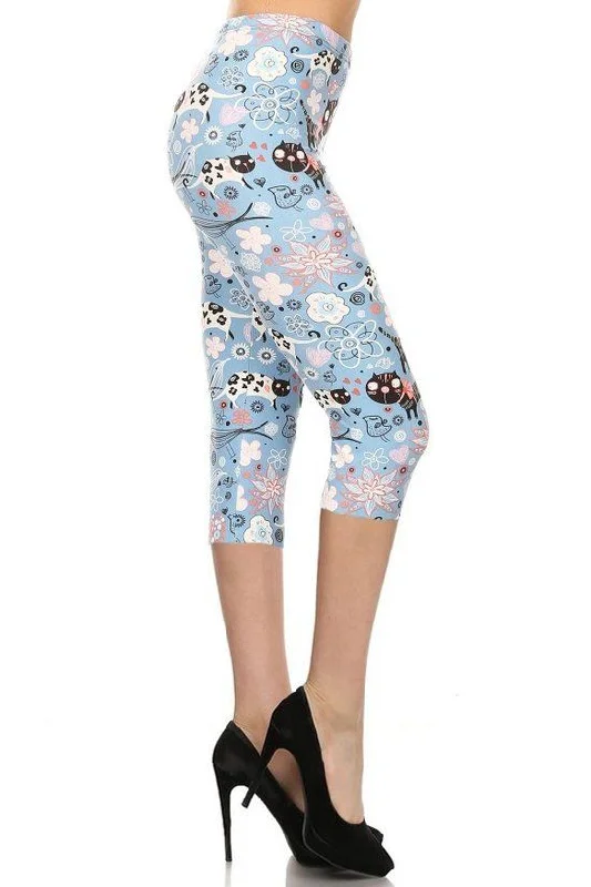 Cats And Flowers Printed, High Waisted Capri Leggings Comfortable Wide-Band Leggings