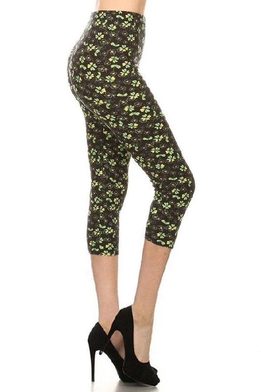 Clover Print, High Rise, Fitted Capri Leggings Trendy Foil Finish Leggings