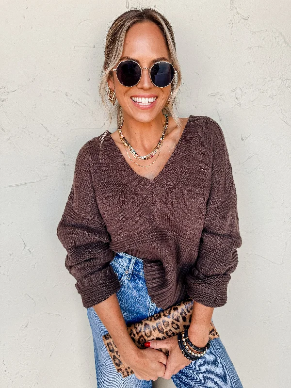 Simple Mood V Neck Sweater-Coffee Bean Print Jacquard Patchwork