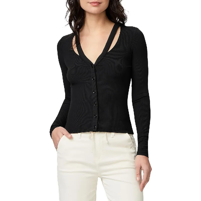 Paige Womens V Neck Button Front Cardigan Sweater Silk Blend Satin Velvet