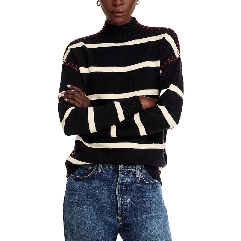 Single Thread Womens Striped Ribbed Trim Mock Turtleneck Sweater Turtle Neck Boat Neck Asymmetrical Neck Single Thread Womens Striped Ribbed Trim Mock Turtleneck Sweater Turtle Neck Boat Neck Asymmetrical Neck