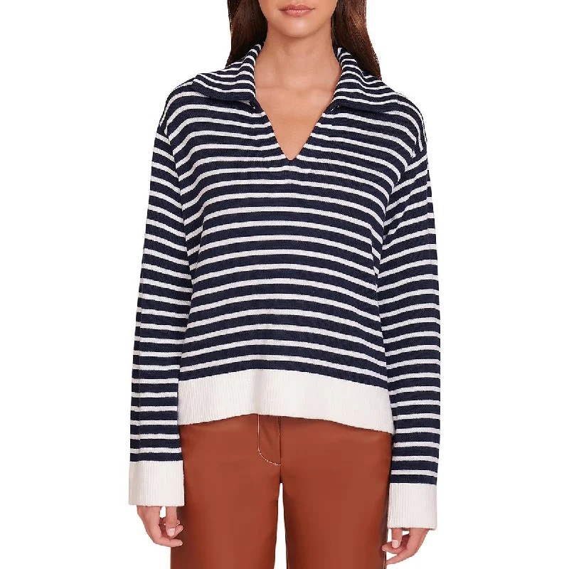 STAUD Womens Linden Wool Blend Striped V-Neck Sweater Front Pockets Side Pockets Patch Pockets STAUD Womens Linden Wool Blend Striped V-Neck Sweater Front Pockets Side Pockets Patch Pockets