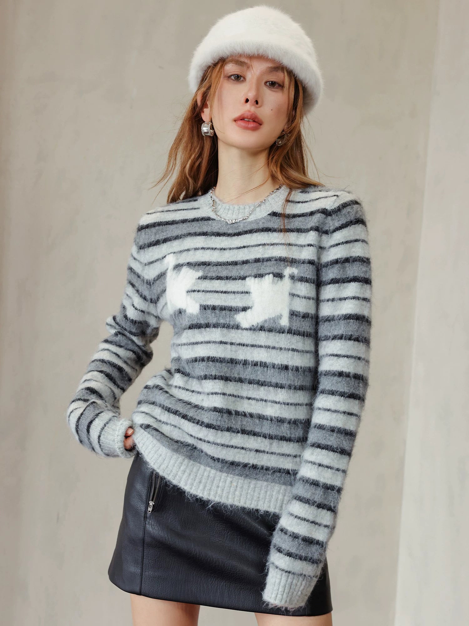 Striped & Black Round Neck Knit Sweater Mesh Blend Leather Blend Suede Blend