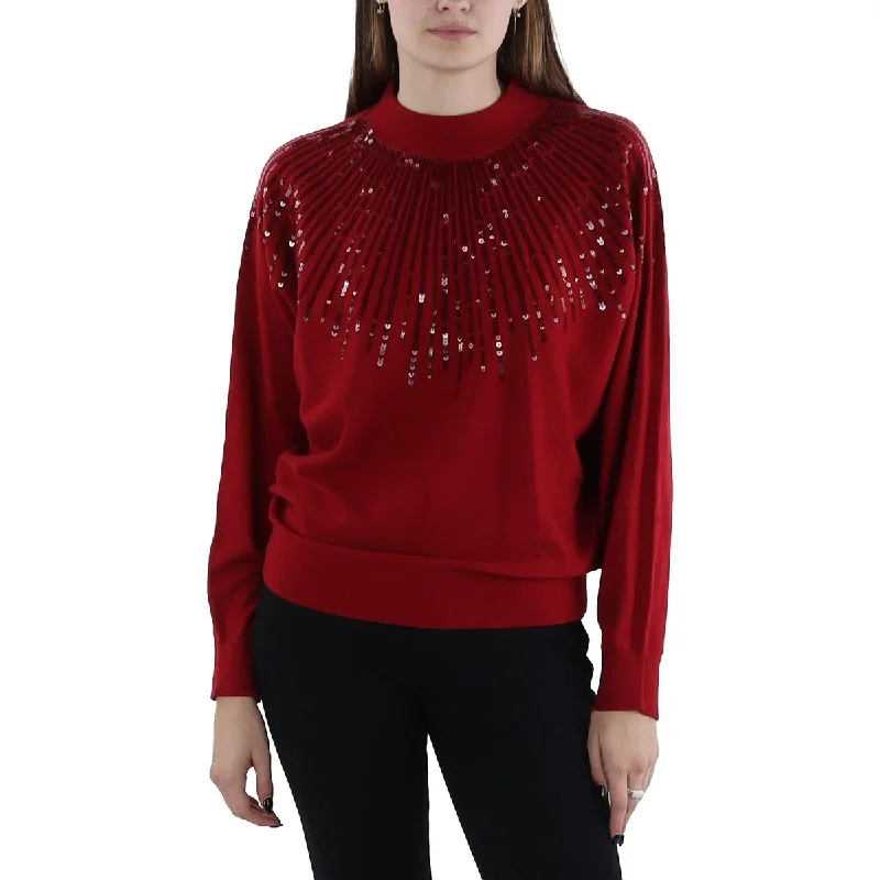 T Tahari Womens Embellishments Long Sleeves Pullover Sweater Neon Metallic Matte
