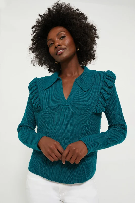 Teal Ruffle Casey Collared V-Neck Sweater Cable Knit Ribbed Knit Lace Knit