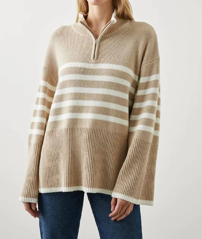 Tessa Sweater In Sand Stripe Fitted Slim Tailored