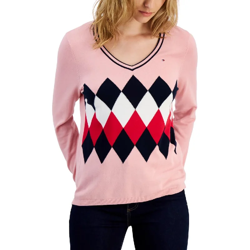 Tommy Hilfiger Womens Cotton Argyle V-Neck Sweater Transparent Opaque Sheer