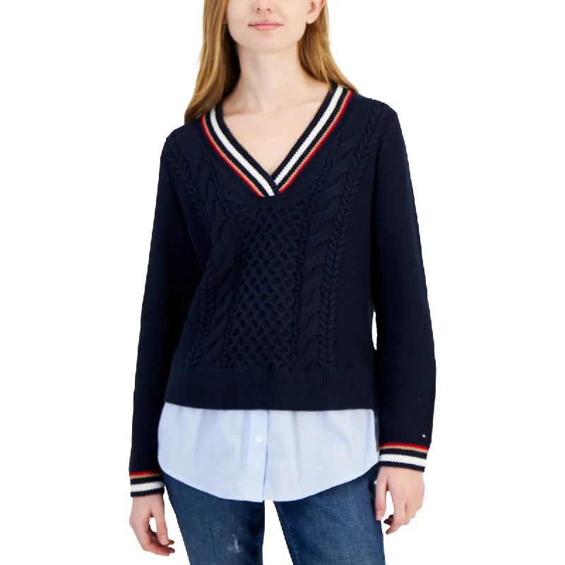 Tommy Hilfiger Womens Striped Trim Long Sleeve V-Neck Sweater Sweater Knitwear Pullover Tommy Hilfiger Womens Striped Trim Long Sleeve V-Neck Sweater Sweater Knitwear Pullover