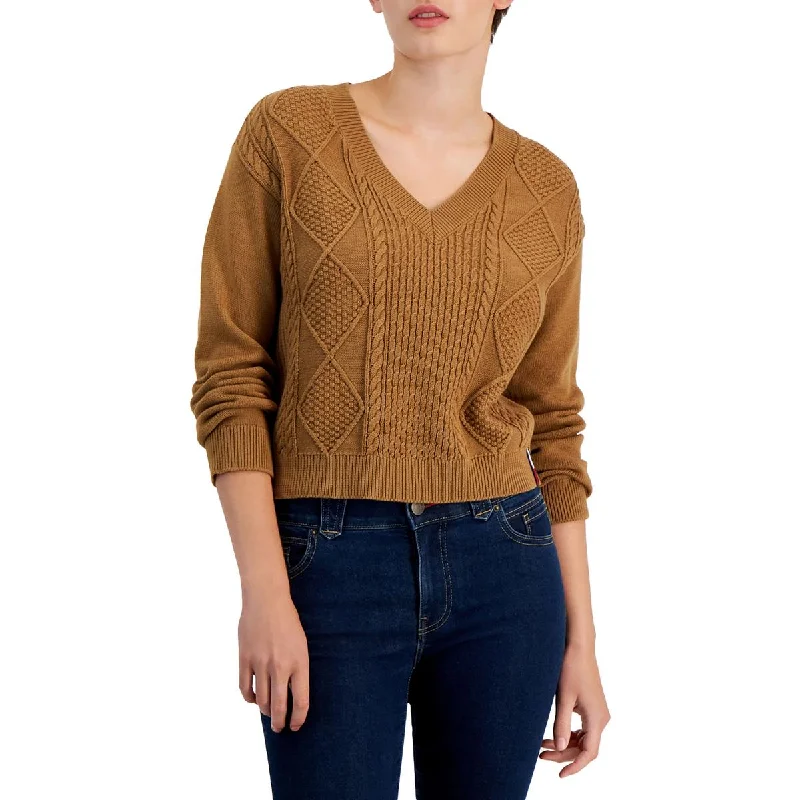 Tommy Jeans Womens Cable Knit V-neck Pullover Sweater Knit Fabric Woven Fabric Fleece Fabric Tommy Jeans Womens Cable Knit V-neck Pullover Sweater Knit Fabric Woven Fabric Fleece Fabric