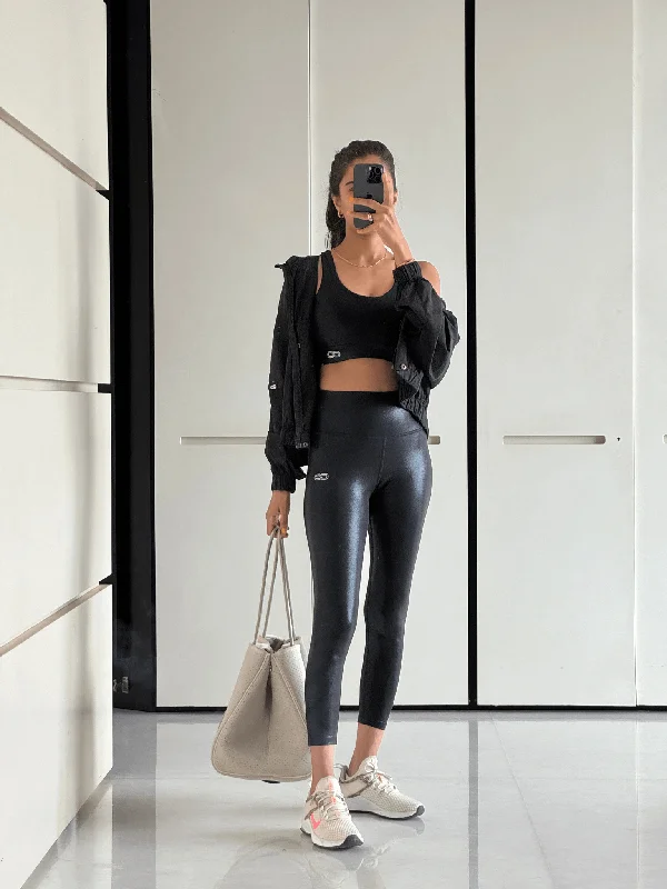 Ath Track Gloss Leggings Shiny Black Comfortable Ribbed Waistband Leggings