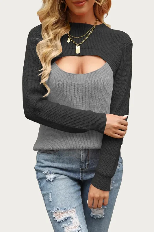 Two-Tone Colorblock Cutout Sweater In Dark Grey High Neck Crew Neck V-Neck
