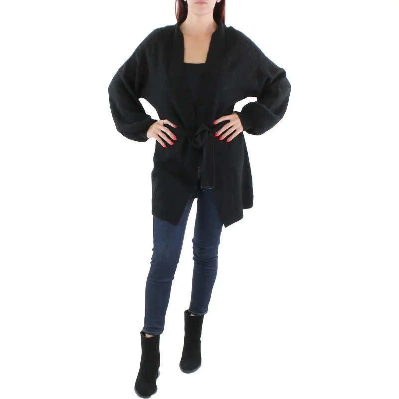 Vigoss Womens Belted Knit Cardigan Sweater Real Fur Shearling Chenille