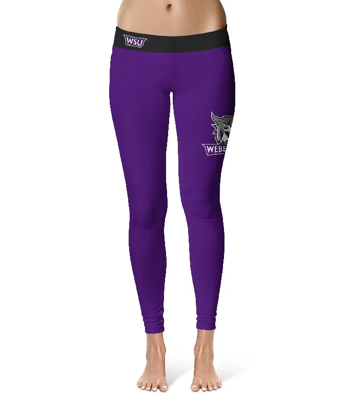 Weber State Wildcats WSU Game Day Logo on Thigh Purple Yoga Leggings for Women by Vive La Fete Trendy Cut-Out Activewear Leggings