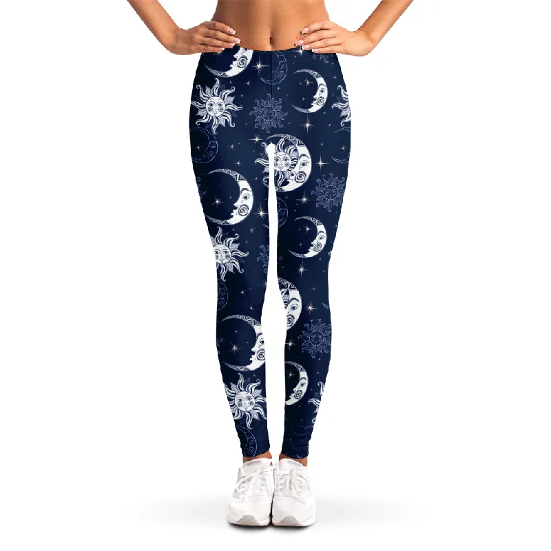 White And Blue Celestial Pattern Print Women's Leggings Chic Workout Leggings
