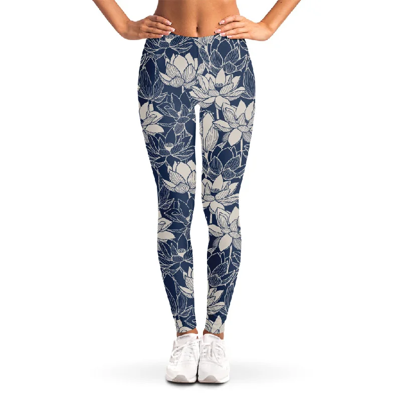 White And Blue Lotus Flower Print Women's Leggings Stylish Printed Sport Leggings