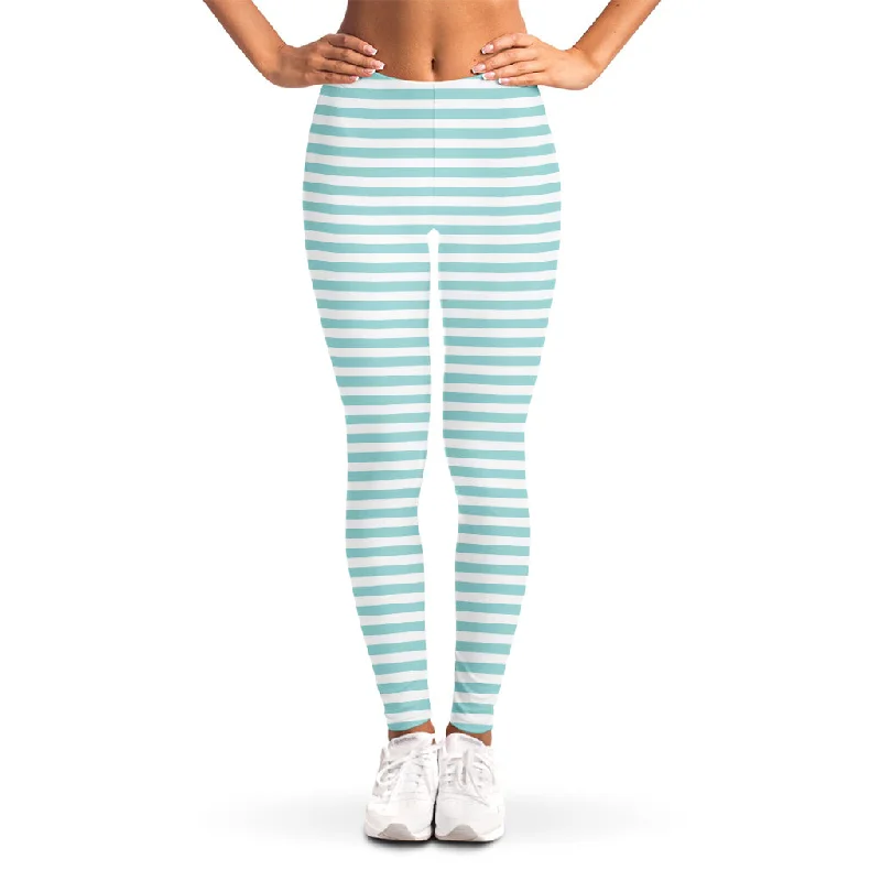 White And Cyan Striped Pattern Print Women's Leggings Stylish Everyday Leggings