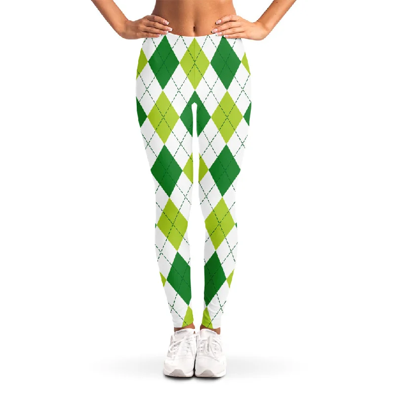 White And Green Argyle Pattern Print Women's Leggings Stylish Compression Fit Leggings White And Green Argyle Pattern Print Women's Leggings Stylish Compression Fit Leggings