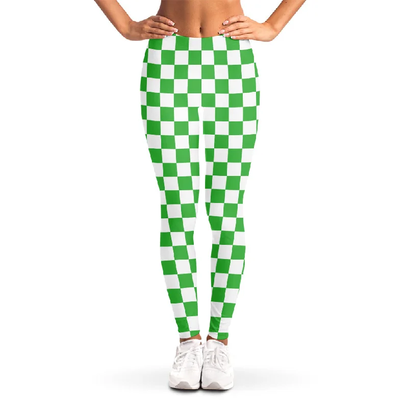 White And Green Checkered Print Women's Leggings Trendy Faux Suede Leggings