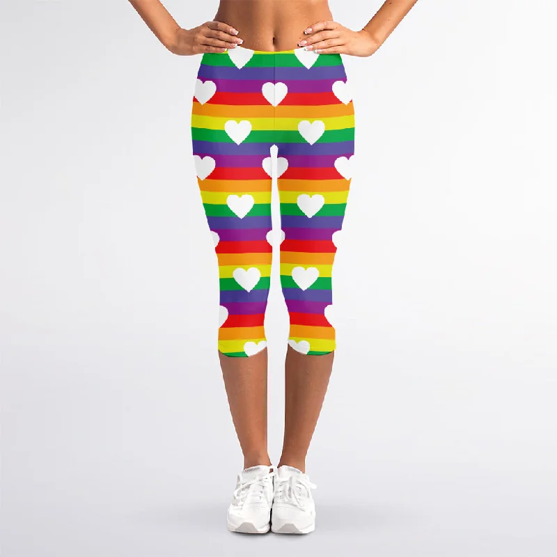 White Heart On LGBT Pride Striped Print Women's Capri Leggings Classic Solid Color Leggings White Heart On LGBT Pride Striped Print Women's Capri Leggings Classic Solid Color Leggings