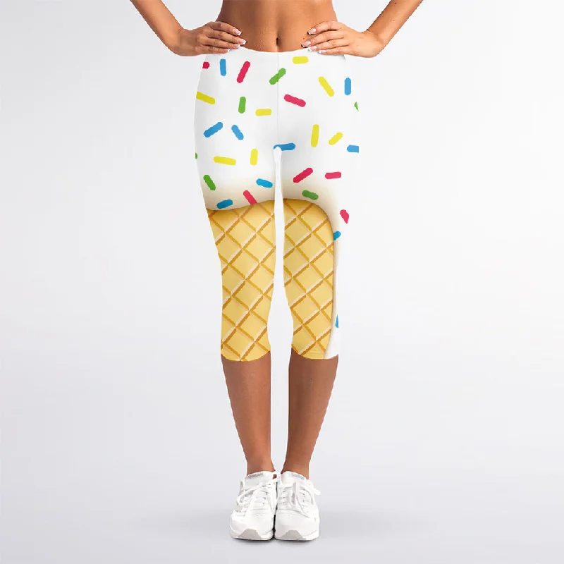 White Ice Cream Melted Print Women's Capri Leggings Comfortable Stretch Leggings